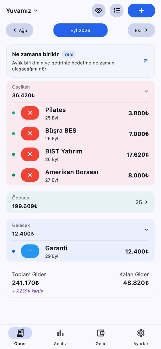 Ödedimmi örnek ödeme listesi: geciken, ödenen ve gelecek ödemeler