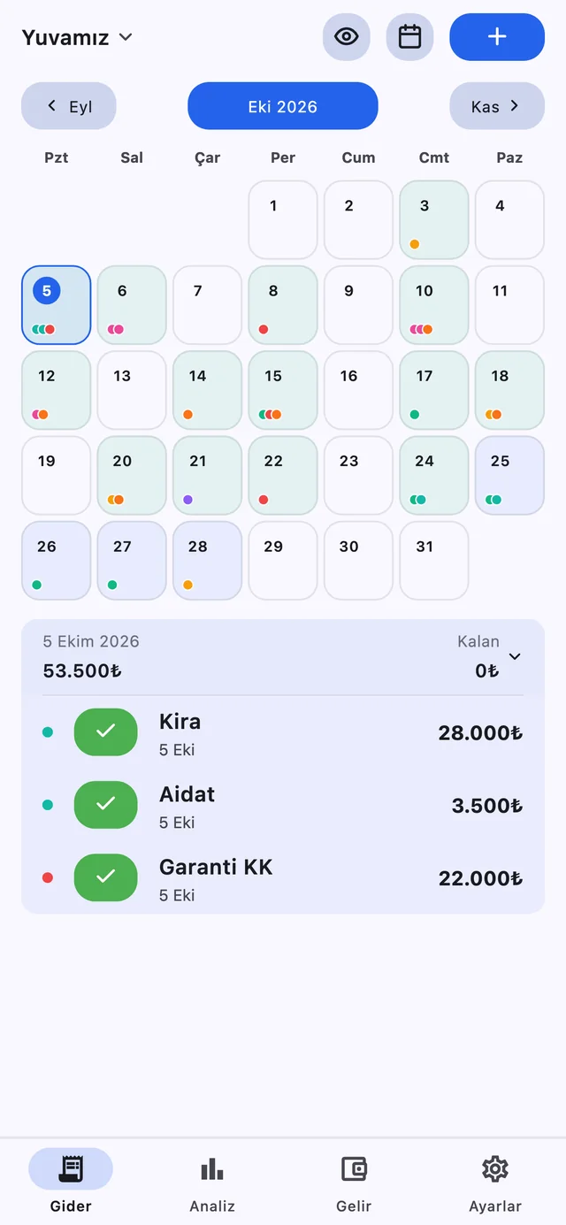 Ödedimmi Türkçe takvim ekranında örnek gelir ve giderlerin günlere dağılımı