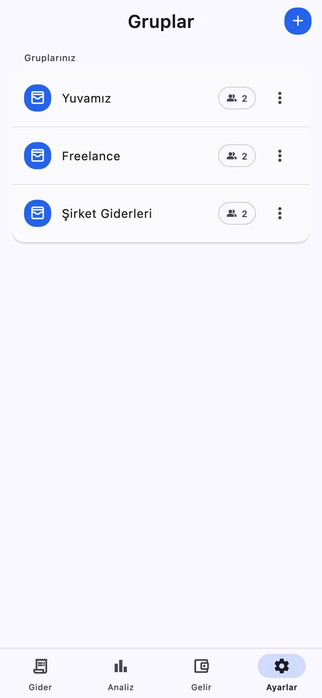 Ödedimmi Gruplar ekranında Yuvamız, Freelance ve Şirket Giderleri adlı örnek gruplar ve üye sayıları.